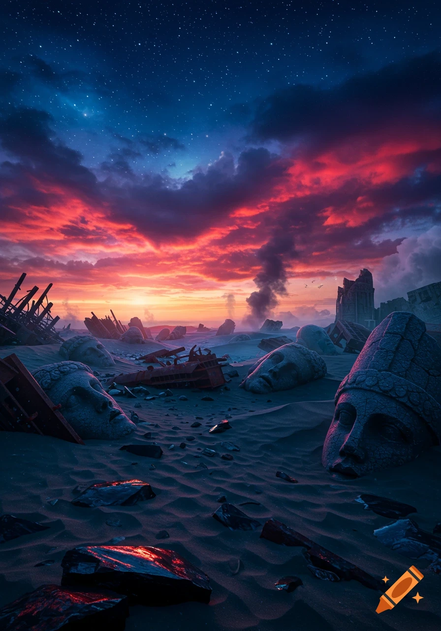 A desolate, post-apocalyptic landscape with giant stone heads buried in sand, ruins, and debris under a vibrant red and blue sunset sky.