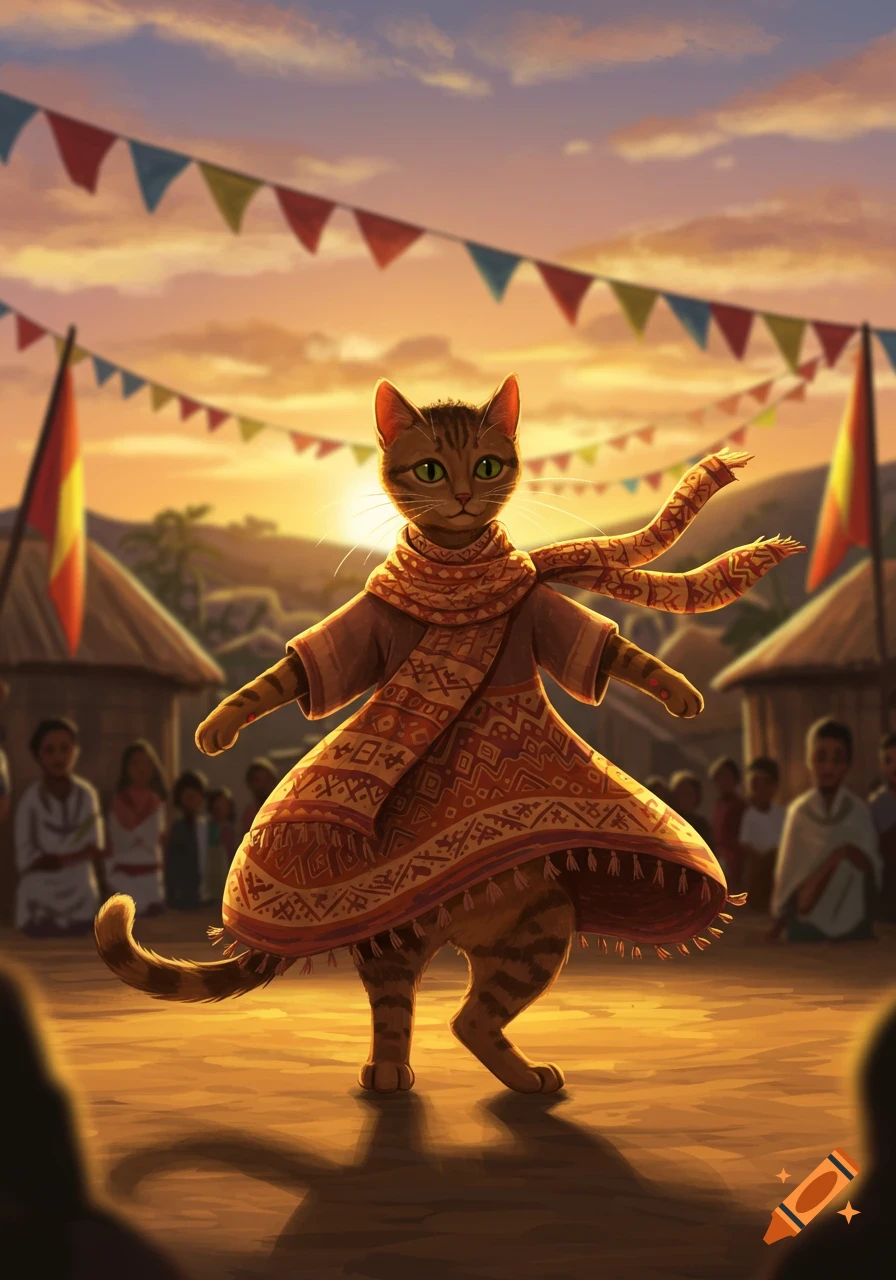 A stylized cat in patterned Ethiopian clothing dances at sunset, with festive flags and blurred figures in the background.