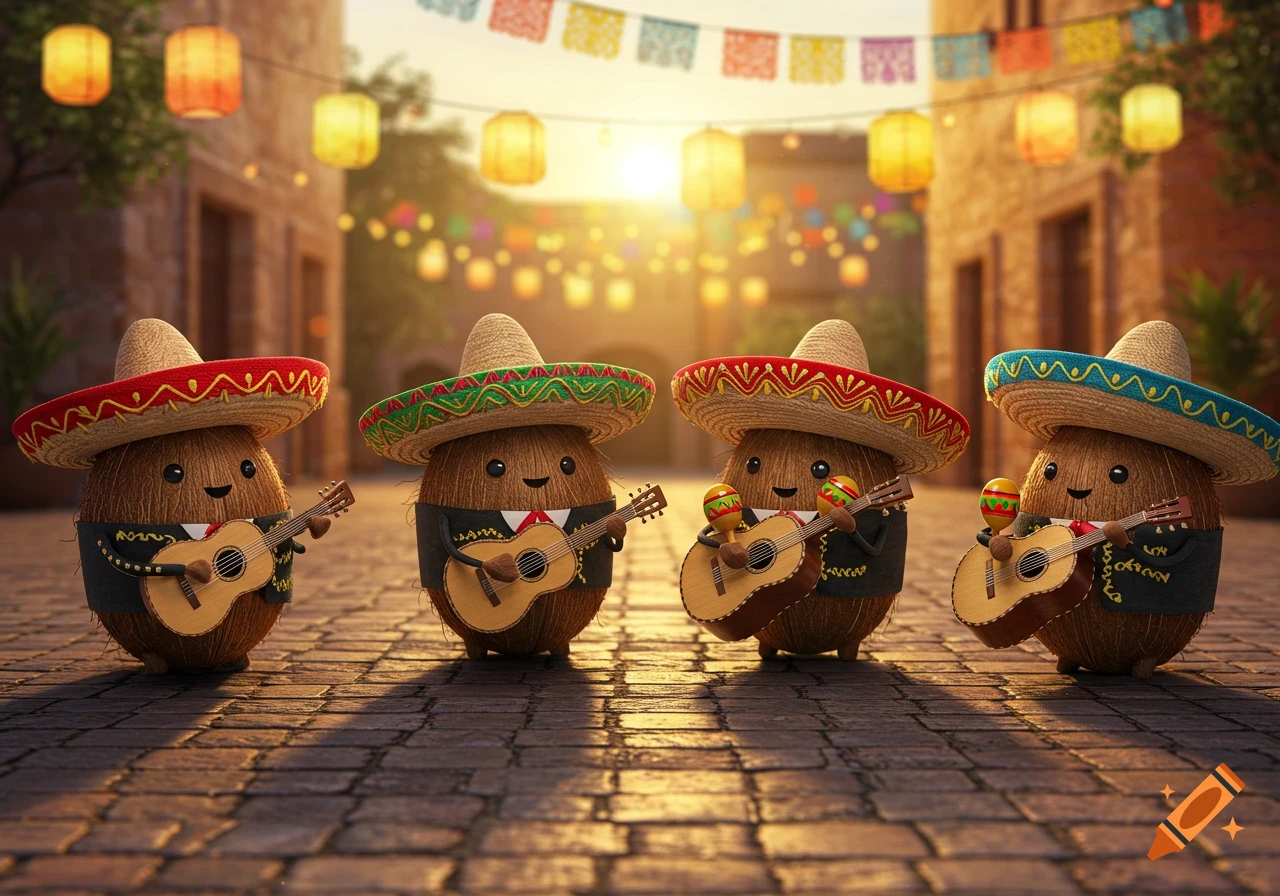 Four cute coconut characters dressed as mariachis play guitars and maracas in a festive street at sunset, with lanterns and banners overhead.