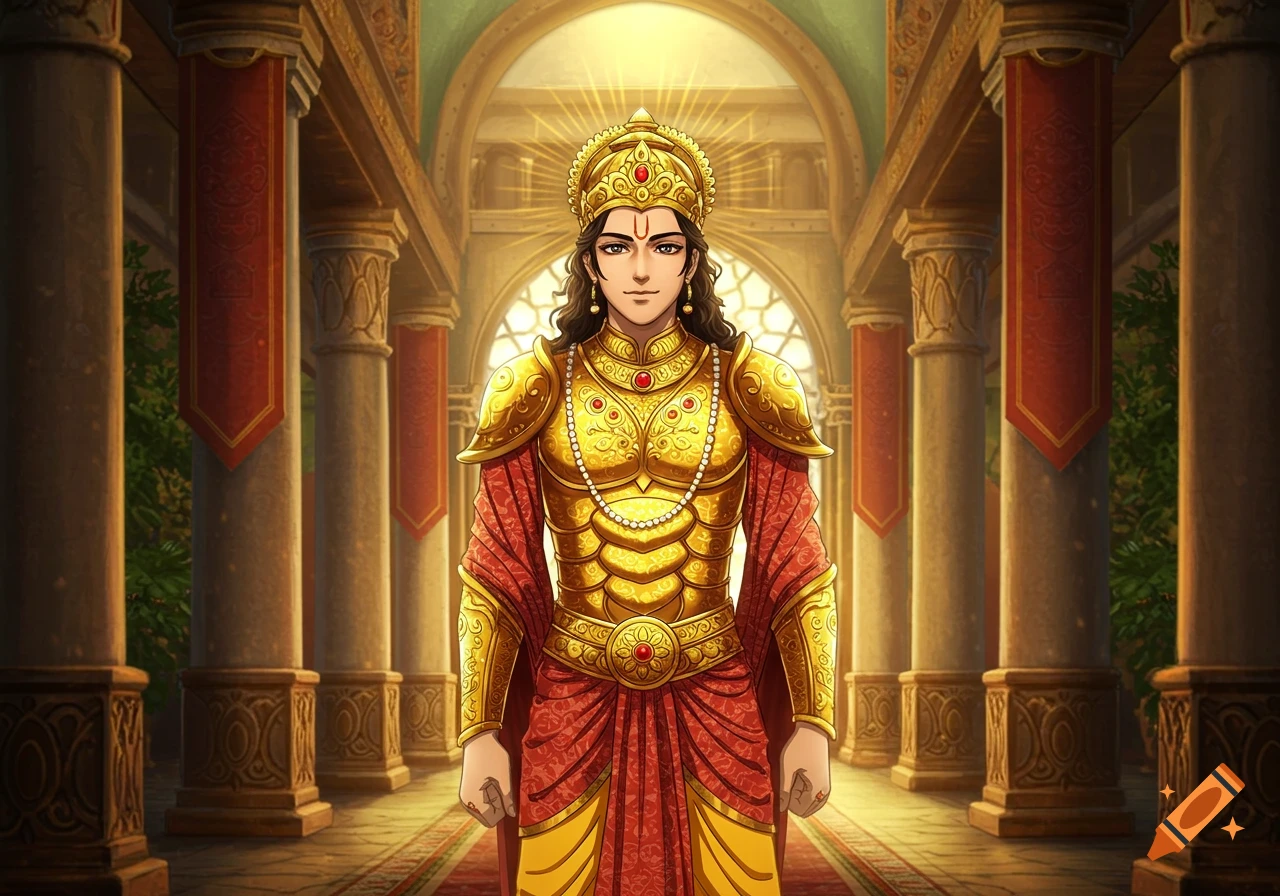 Anime illustration of an Indian king in golden armor and crown, standing in a grand hall with pillars.