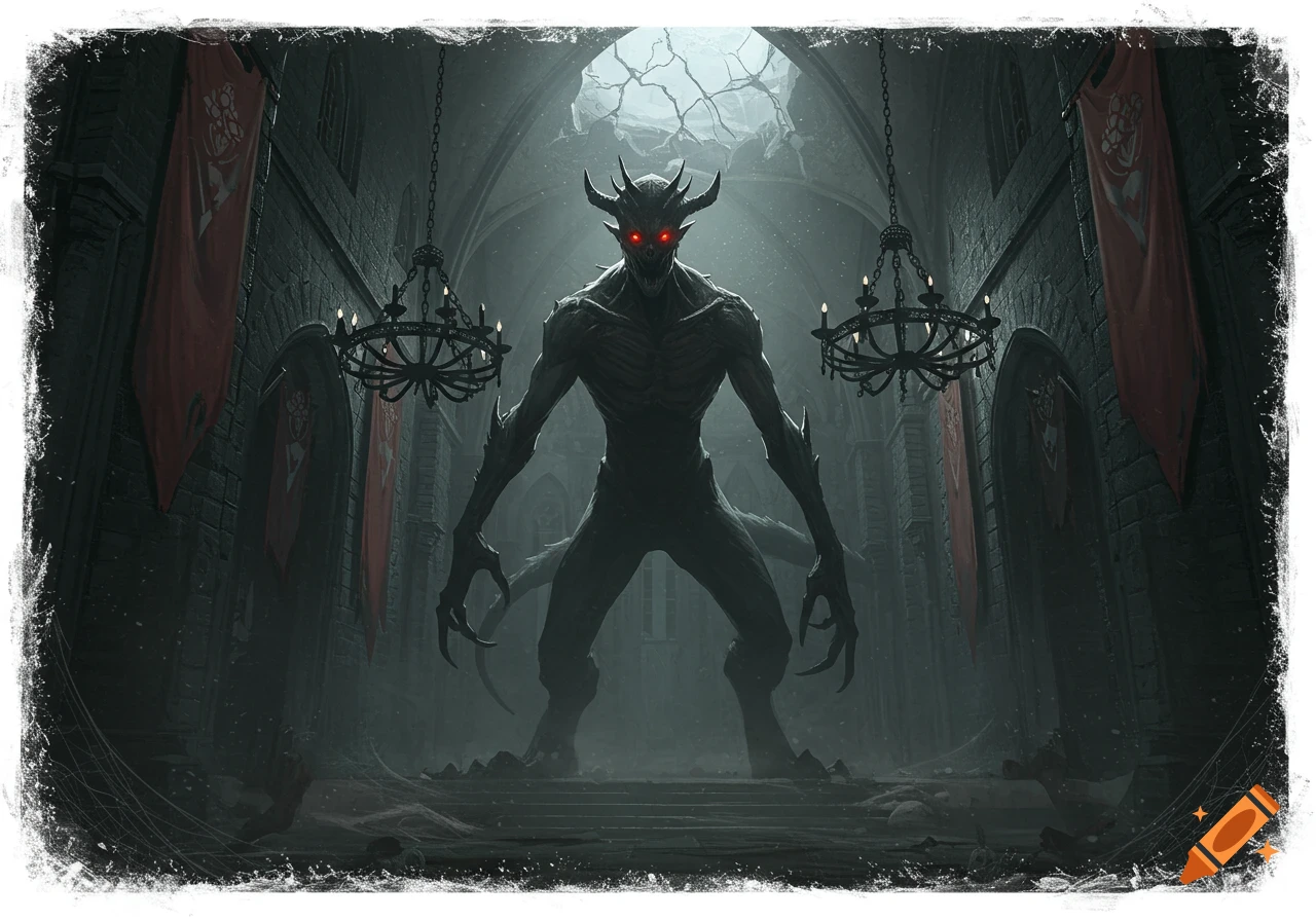 A horned demon with glowing red eyes stands in a dark, ruined castle hall, illuminated by light from a cracked ceiling.