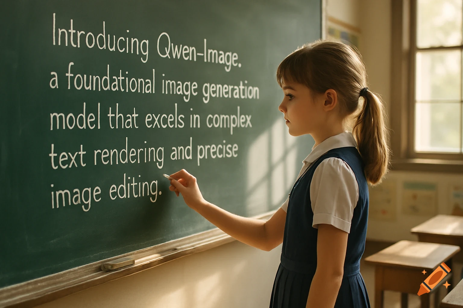 A young girl in a school uniform writes 'Introducing Qwen-Image' on a chalkboard in a sunlit classroom, photorealistic style.
