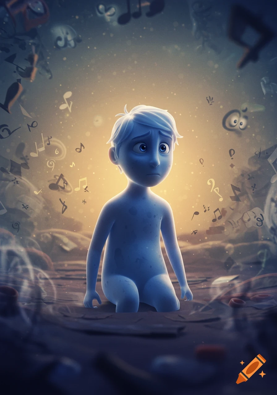 A sad, pale blue, stylized cartoon boy kneels on the ground, surrounded by floating musical notes and abstract symbols against a warm, glowing background.