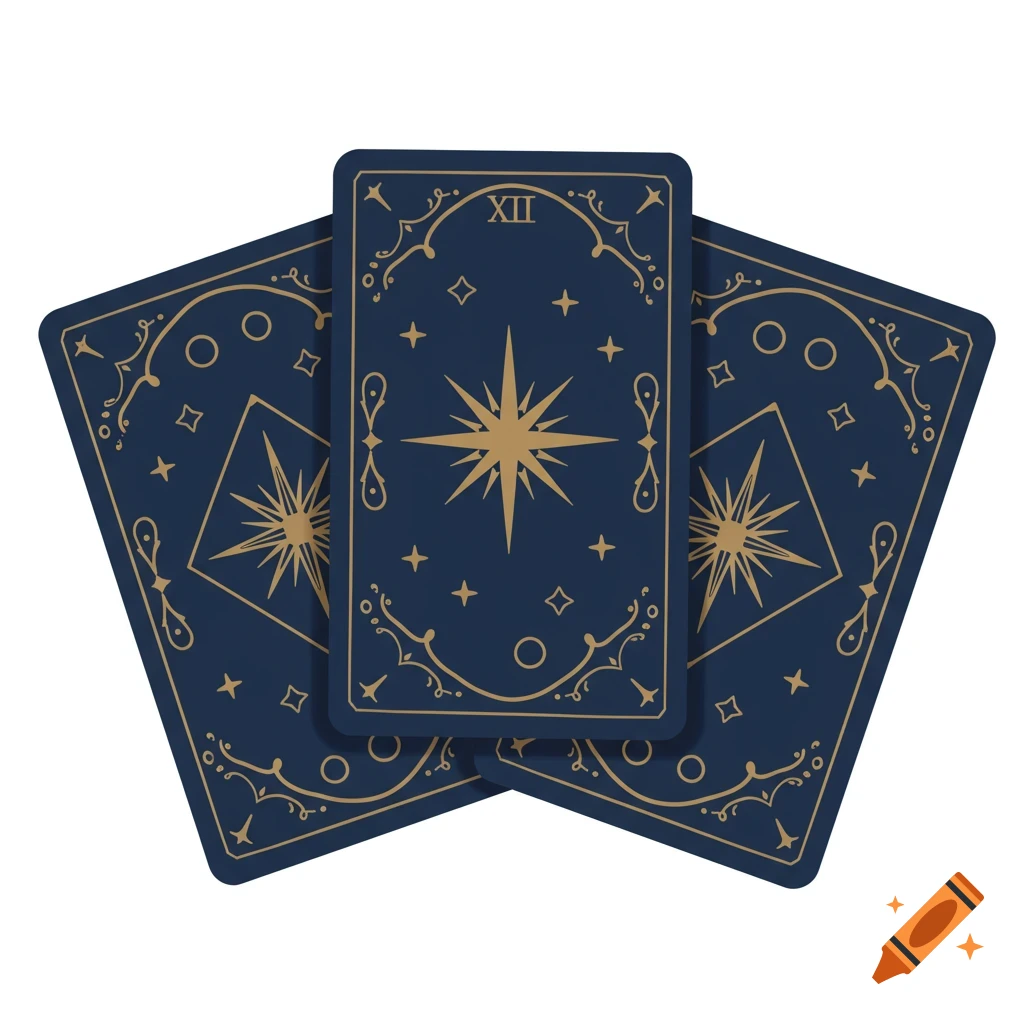 Three dark blue tarot cards with gold decorative borders and a central gold radiating star, against a white background.