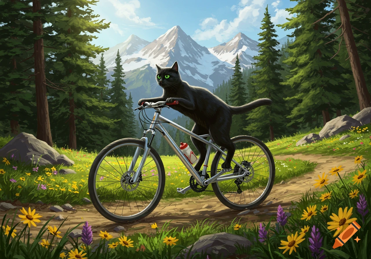 A black cat with green eyes rides a mountain bicycle on a forest path with mountains in the background, illustrated.