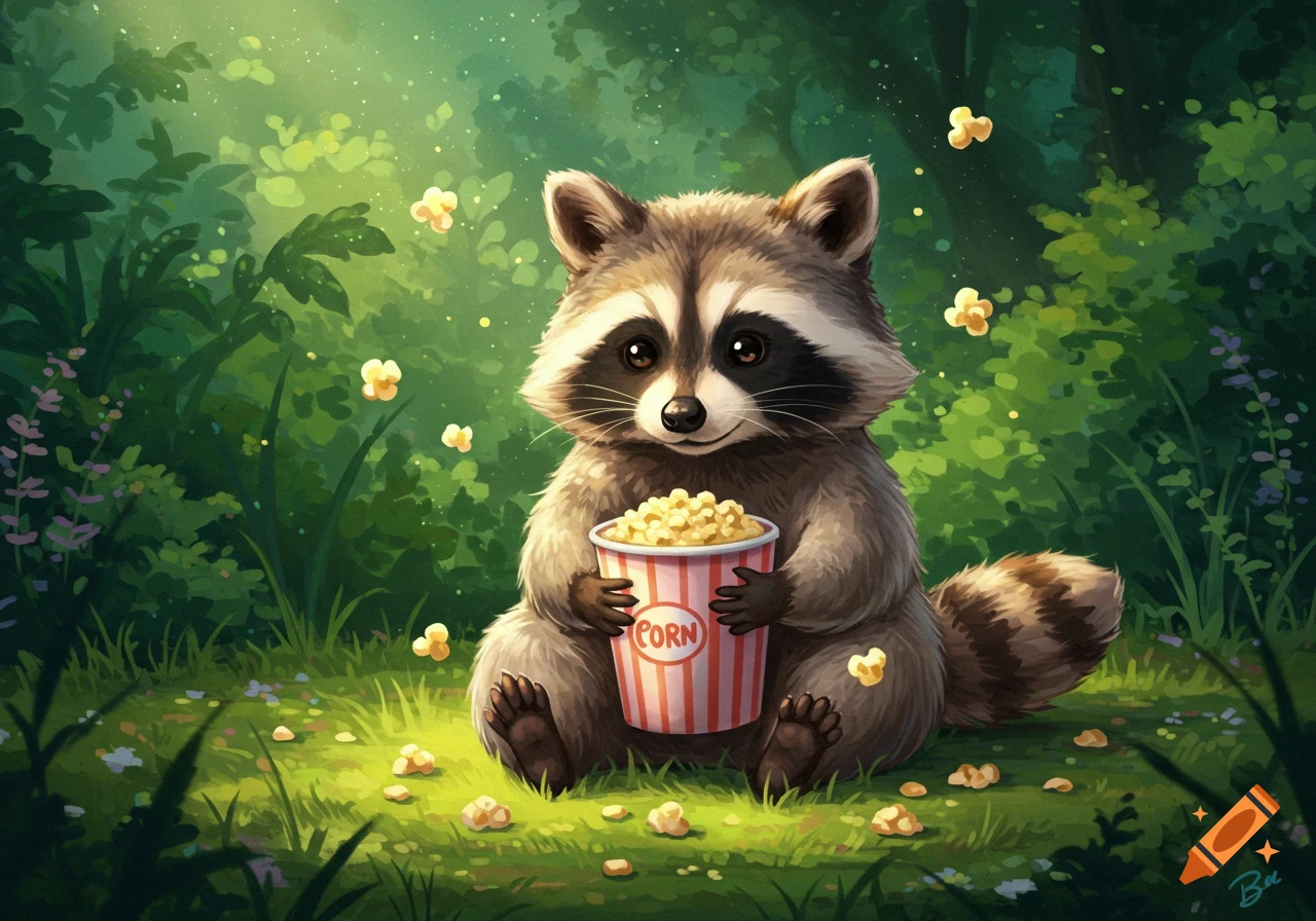 A cute cartoon raccoon sits in a lush green forest, holding a bucket of popcorn with scattered kernels.