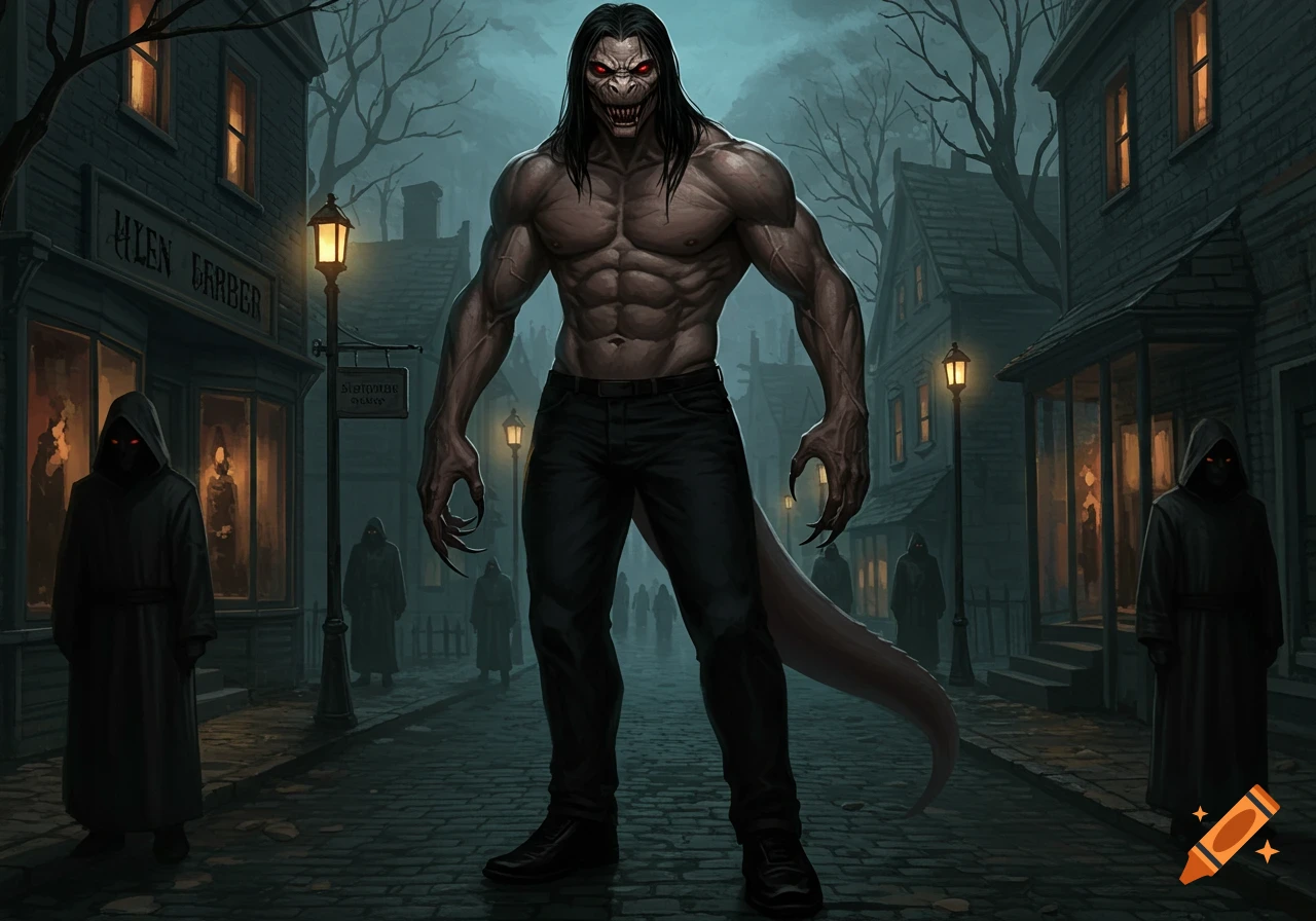 A muscular, pale-skinned reptilian humanoid with long black hair, sharp teeth, red eyes, and claws, shirtless with black jeans, stands on a cobblestone street at night, flanked by hooded cultists in a creepy old town.