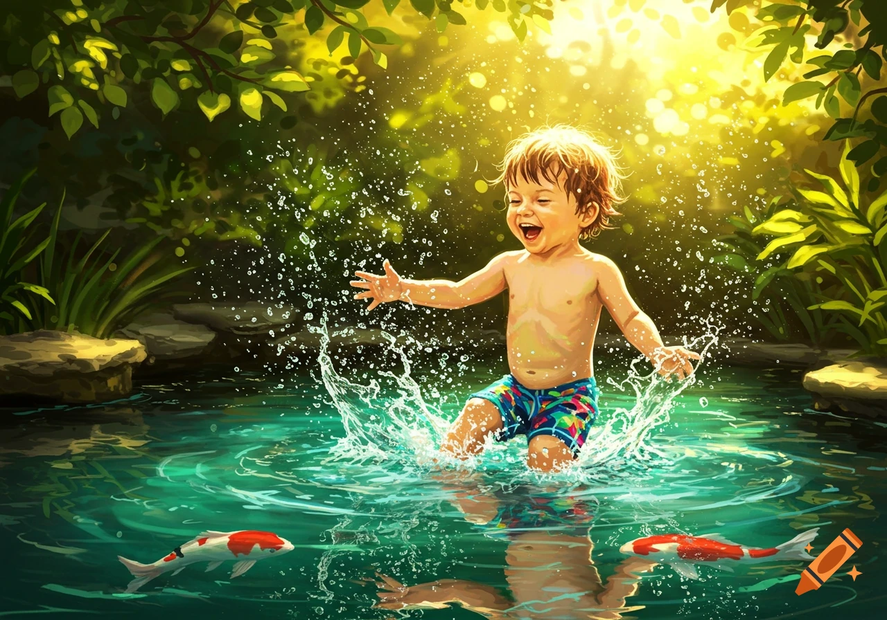 A happy little boy splashes in a sun-dappled pond with koi fish, a digital painting.