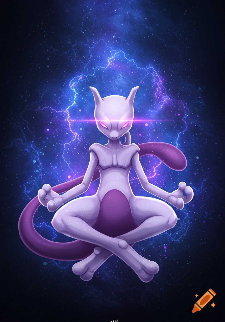 Mewtwo meditates with crossed legs amidst purple and blue lightning and a starry cosmic background in a stylized illustration.