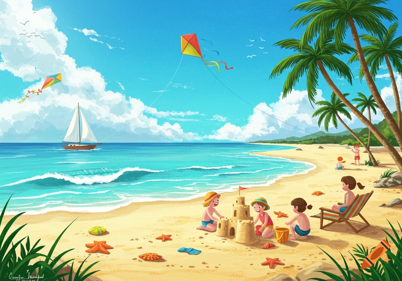 A vibrant illustration of children playing on a sunny tropical beach with kites flying and a sailboat on the turquoise ocean.