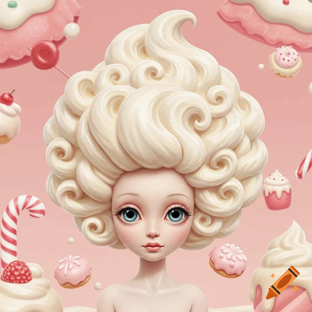 A whimsical, doll-like figure with whipped cream hair and large blue eyes, surrounded by pastel candies on a pink background, in a stylized illustration.