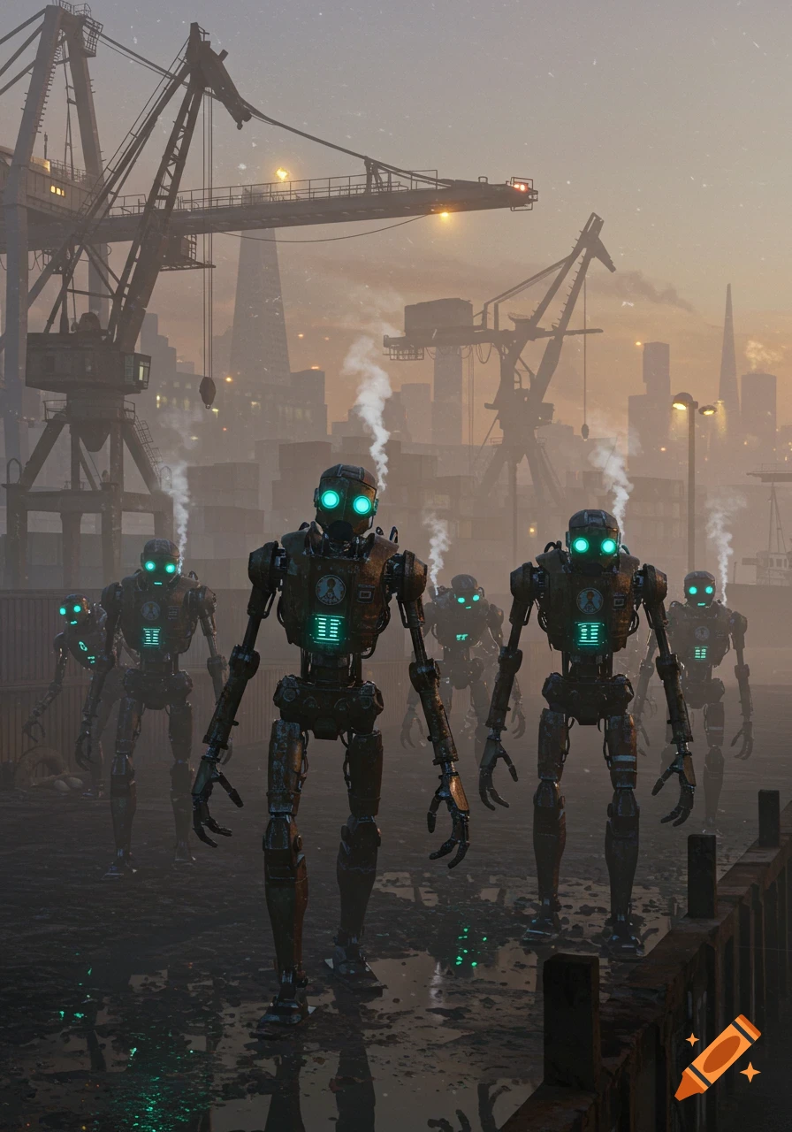 A gang of rusty, steampunk robots with glowing green eyes walk through a foggy industrial bay harbor at dusk, with cranes and city buildings in the background.