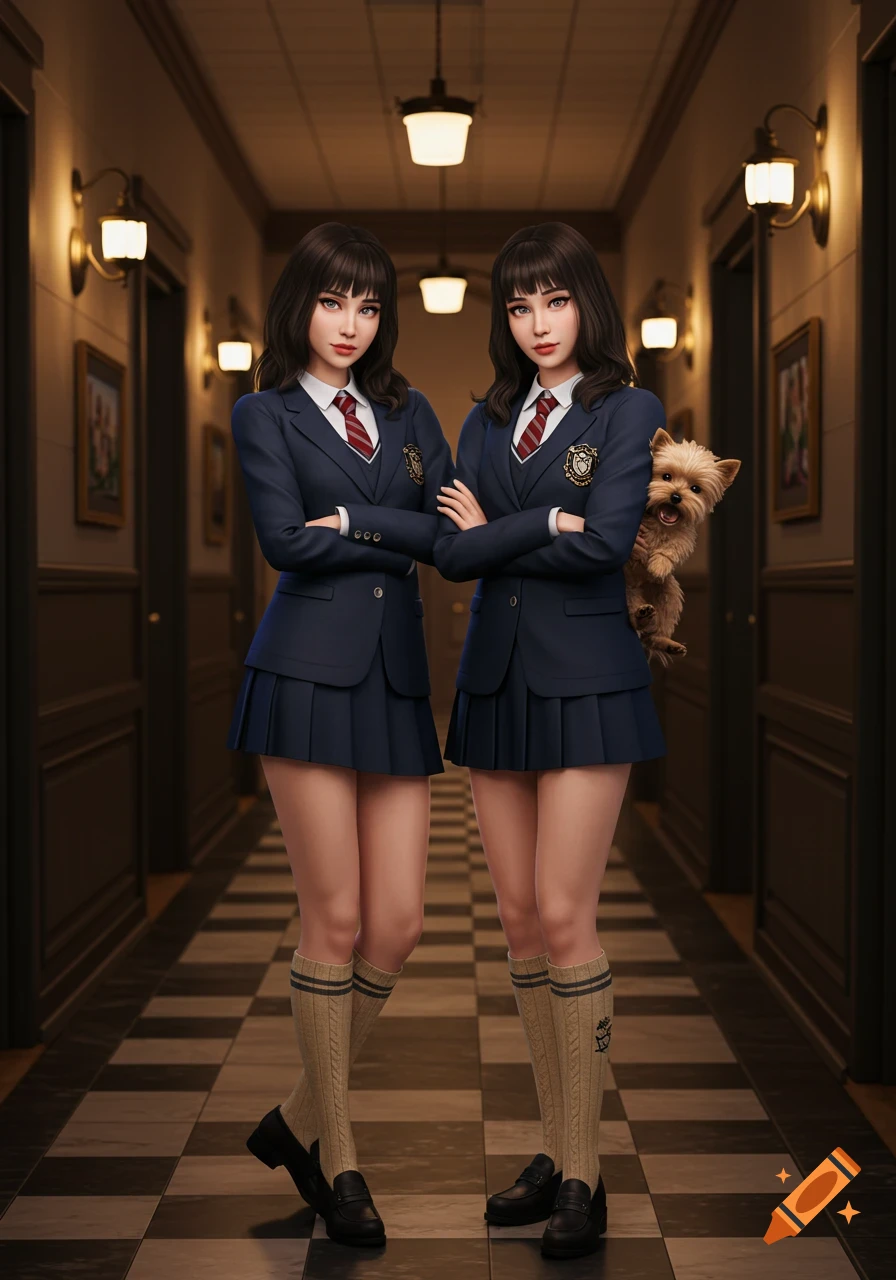 Stylized 3D render of two preppy twin girls in school uniforms standing in a hallway, one holding a small dog.
