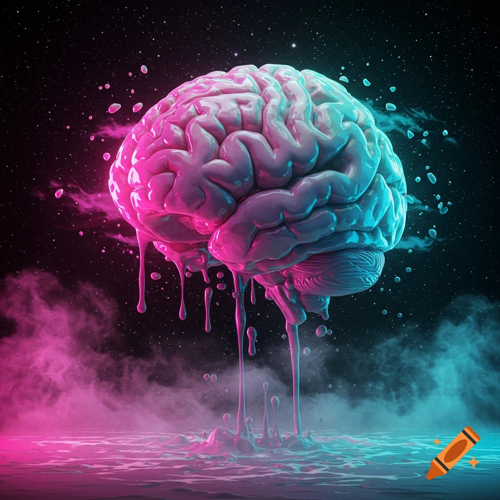A glowing pink and blue brain drips colorful liquid onto a misty surface, against a starry night sky.
