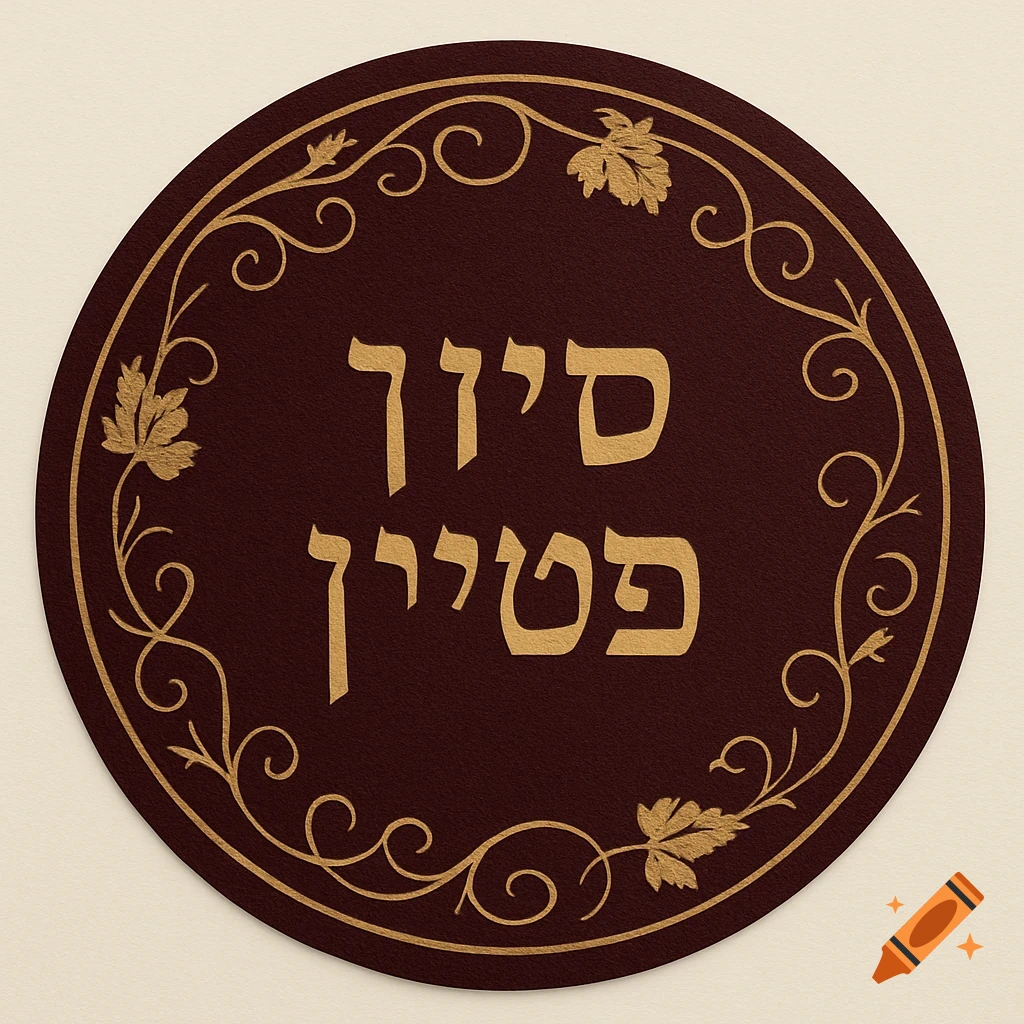Circular wine bottle label with gold Hebrew text 'יין פטיט' and a decorative vine leaf border on a dark red background.
