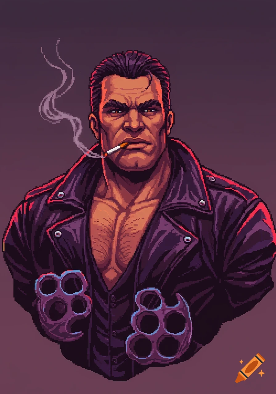 A muscular man in a leather jacket smokes a cigarette, with brass knuckles, rendered in a detailed pixel art style.