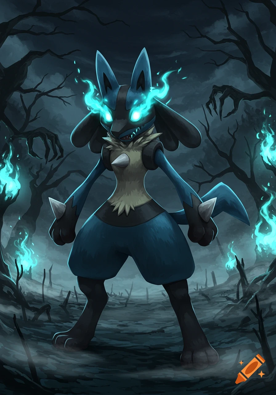 Anime art of a menacing Lucario with glowing blue eyes and flames in a dark, spooky forest with gnarled trees and skeletal hands.