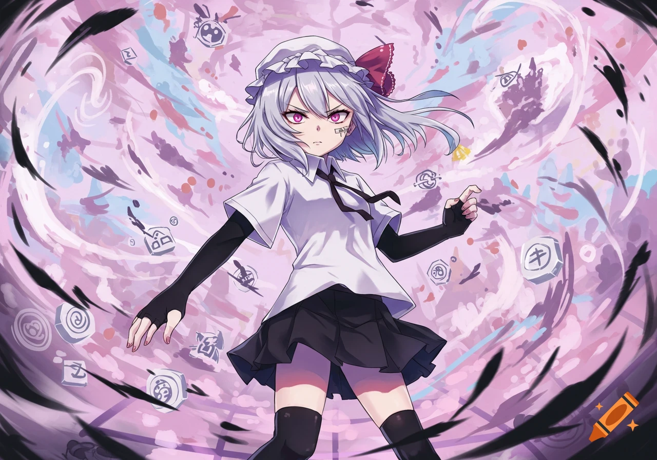 An anime girl with silver hair and pink eyes, wearing a white shirt, black skirt, and thigh-highs, stands amidst a swirling purple and pink background with abstract glyphs.
