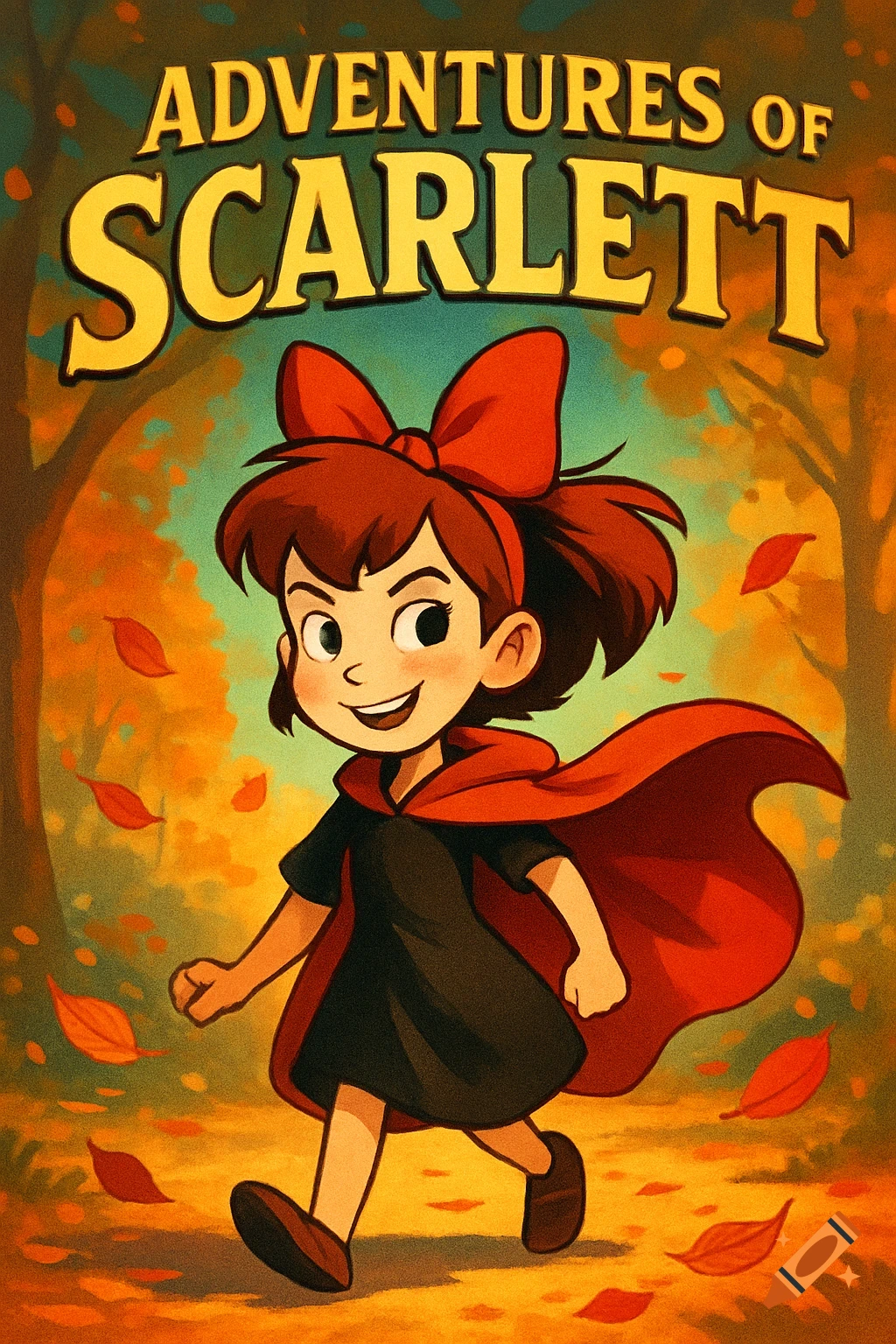 A cartoon poster of a smiling girl with a red bow and cloak walking in an autumn forest, titled "ADVENTURES OF SCARLETT".