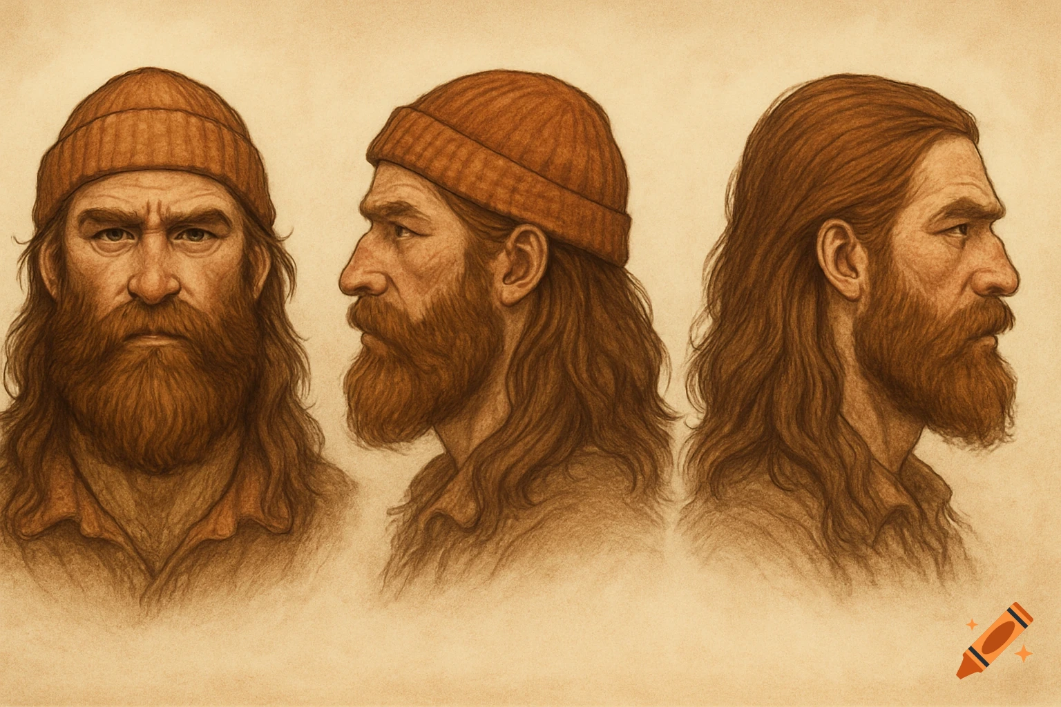 Three sepia-toned drawings of a bearded man with long hair and a beanie, showing front and side profiles.
