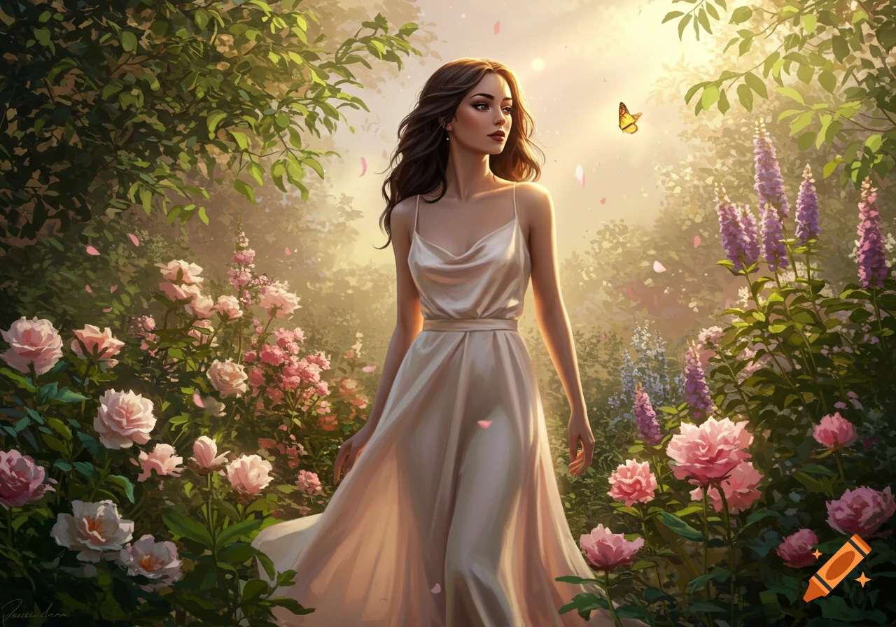 A woman in a white dress stands in an ethereal, sunlit garden surrounded by pink flowers and greenery, with a butterfly nearby. Digital painting.