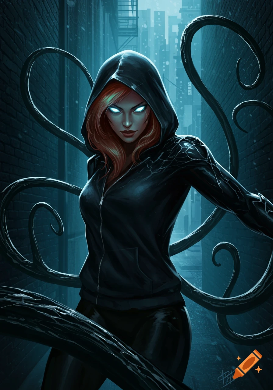 A powerful woman with glowing eyes and red hair wearing a black hoodie and symbiotic tendrils in a dark alley, comic art style.