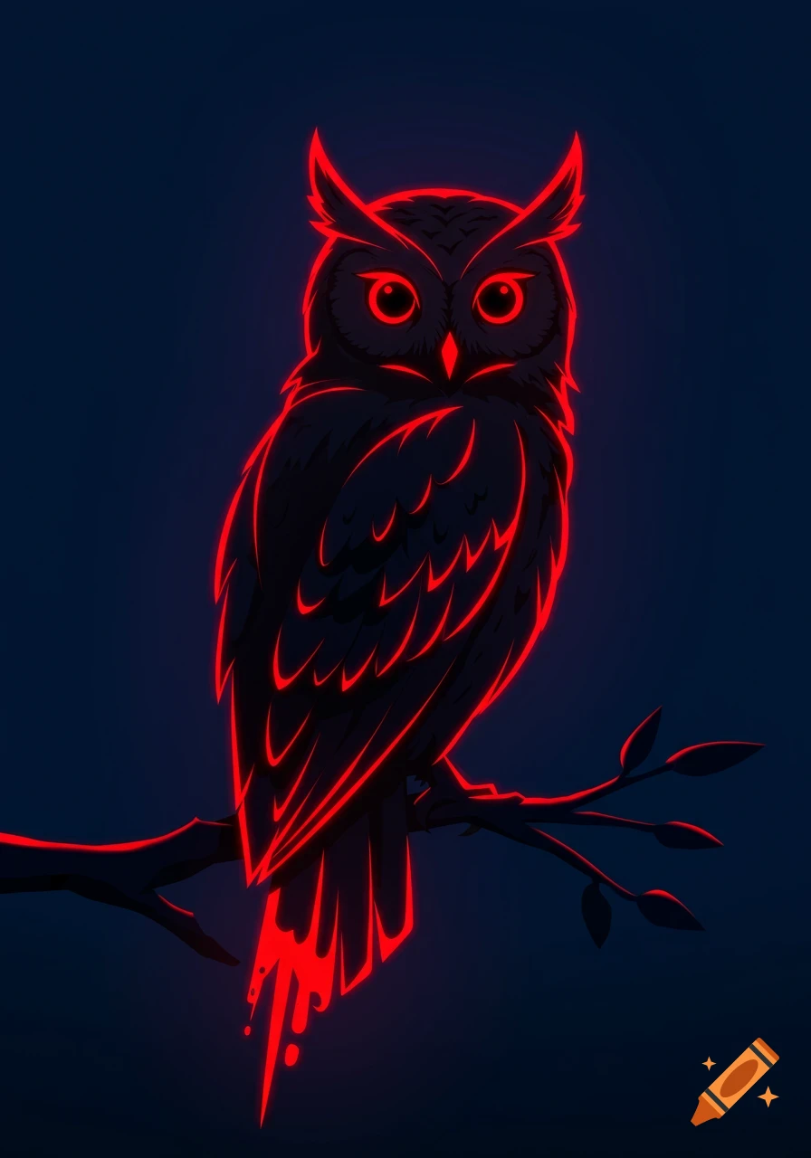 A dark silhouette of an owl with glowing red neon outlines and a brush-stroke tail, perched on a branch, in a digital art style.