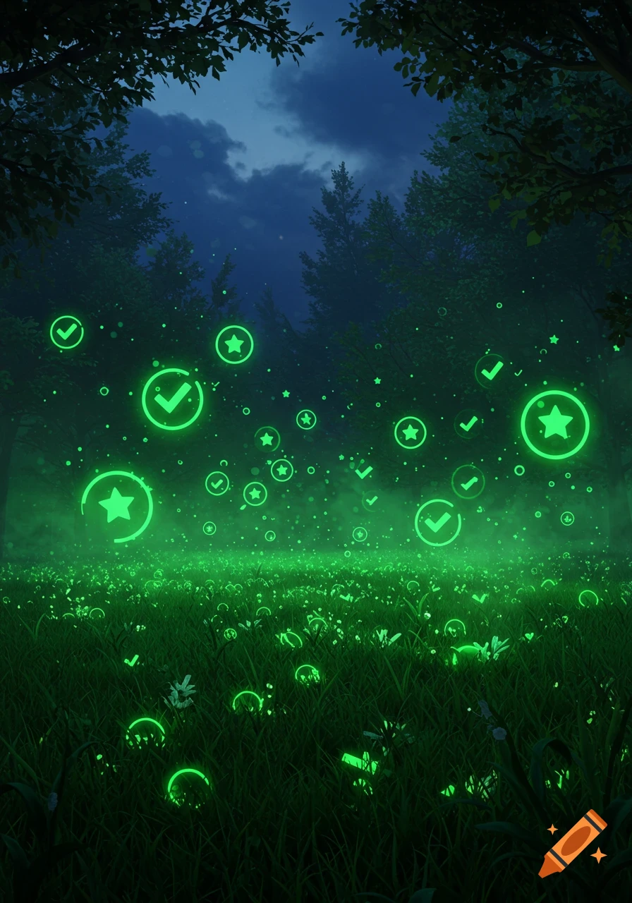 A dark forest scene with glowing green checkmarks and stars floating above a field of luminous green grass and plants, under a dark cloudy sky.