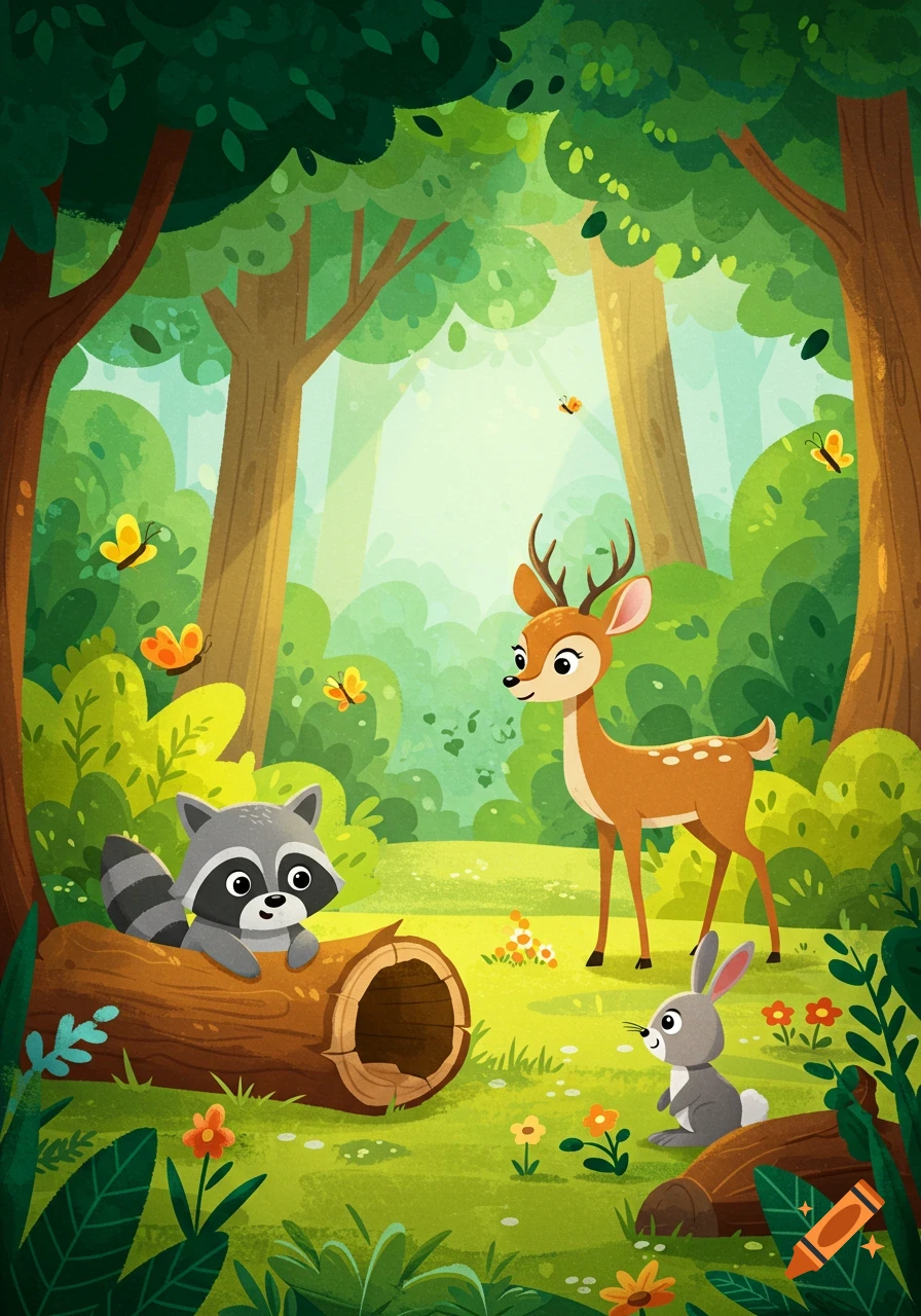 A colorful cartoon illustration of a forest with a raccoon peeking from a log, a deer, and a rabbit.