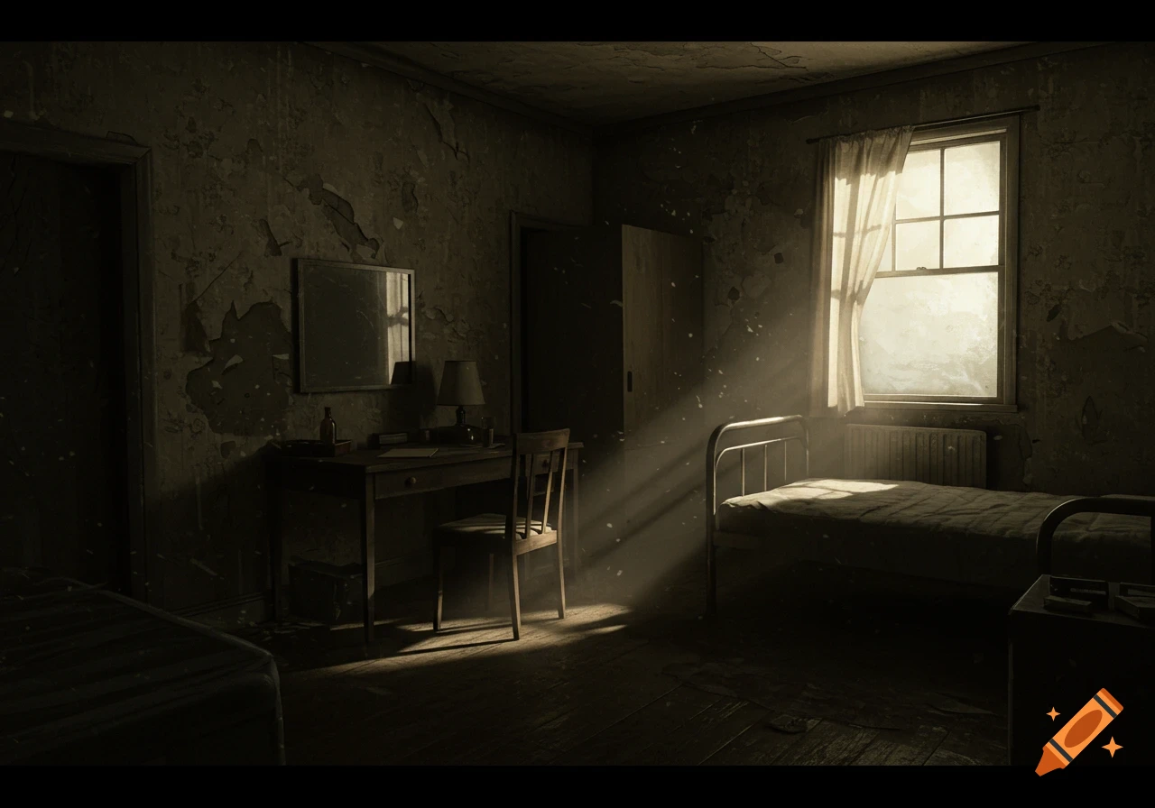 Dimly lit, dilapidated bedroom with peeling wallpaper, a single bed, desk, and a window with sunbeams and dust motes.