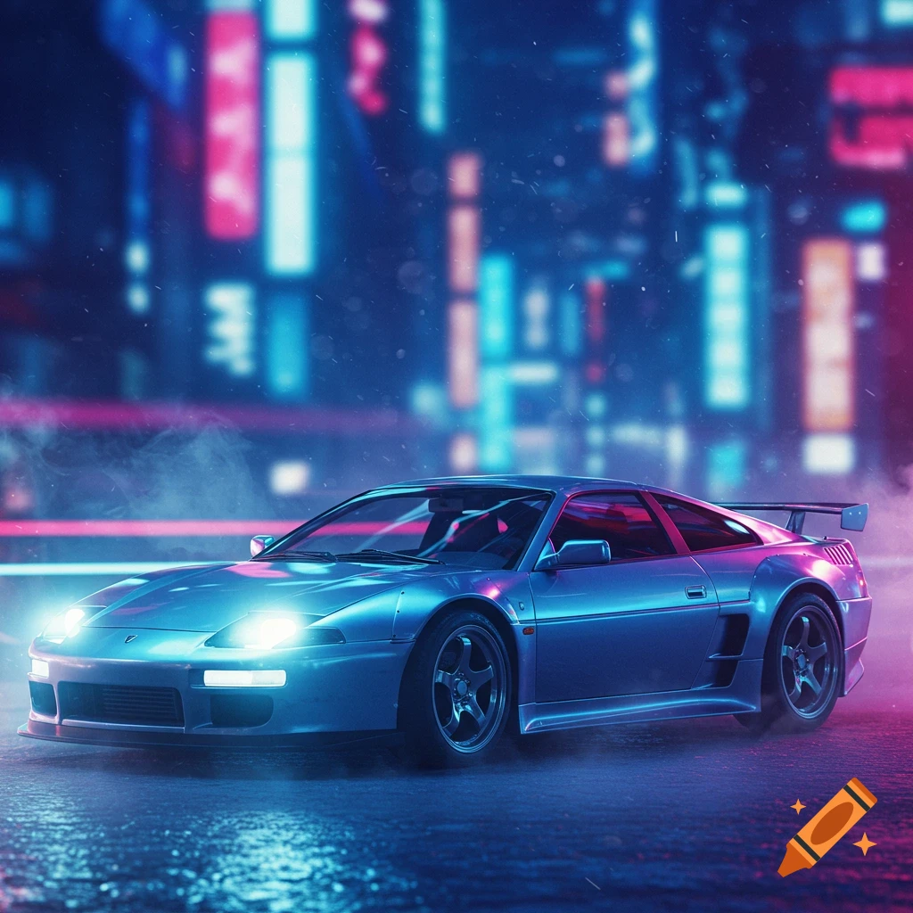 A sleek blue sports car with bright headlights parked on a wet street in a neon-lit city at night.