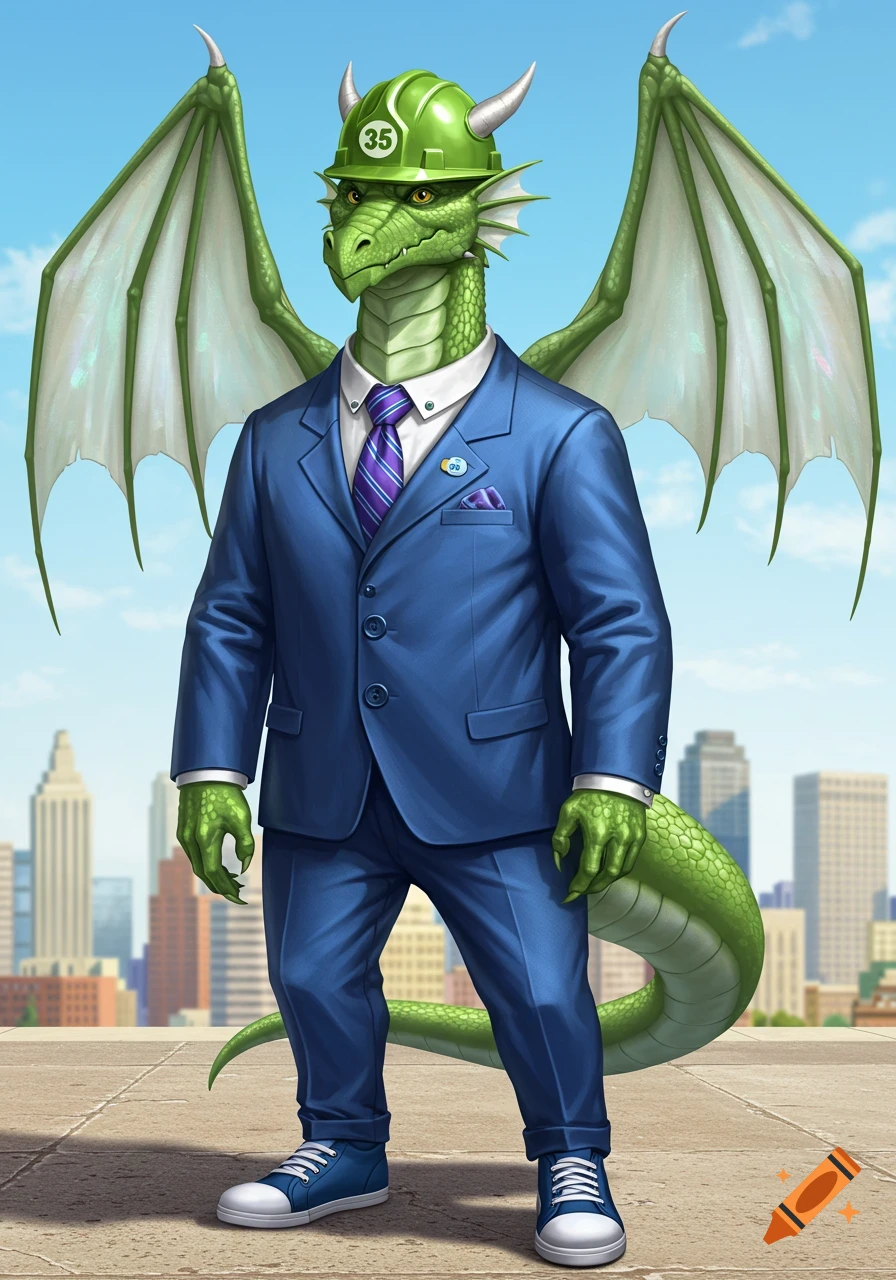 A green dragon in a blue suit, purple tie, and green construction helmet with '35' on it, standing in a cityscape.