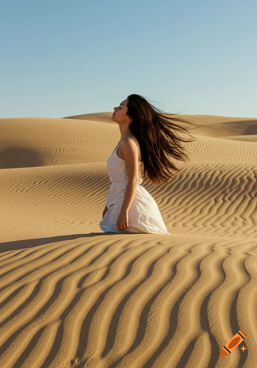 Photorealistic portrait of a woman kneeling in a desert, eyes closed, with her long dark hair dramatically blowing in the wind.