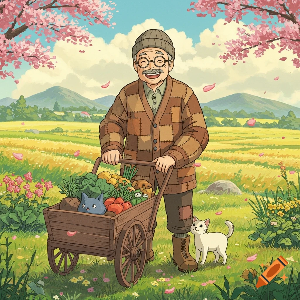A cheerful old man pushes a wooden cart with vegetables and a gray cat, a white cat by his side, in a spring field with pink cherry blossoms. Cartoon illustration.