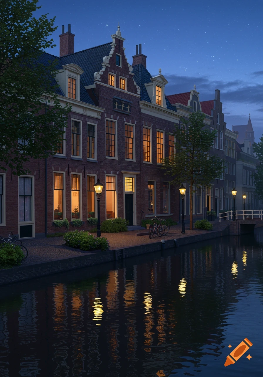 Photorealistic depiction of a Dutch canal street at night, with illuminated 17th-century brick houses reflected in the water.