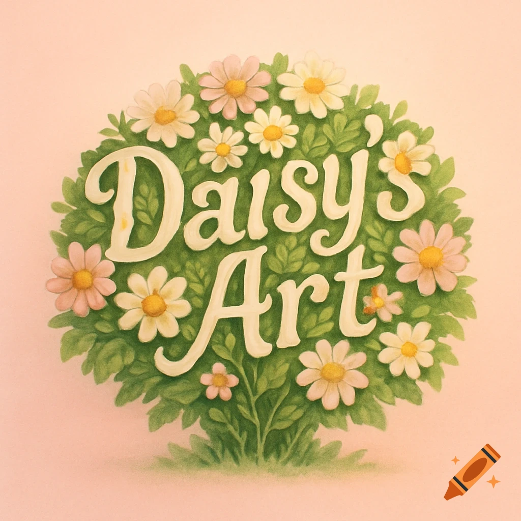 A floral logo resembling a bush with daisies, spelling out 'Daisy's Art' in white text on a soft pink background. Illustration style.
