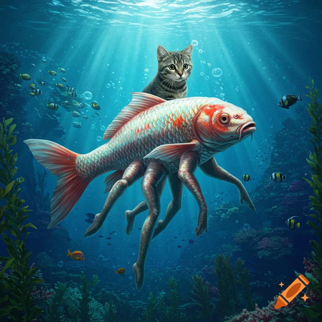 A tabby cat rides a bizarre fish with human legs, swimming in a vibrant underwater scene with coral.