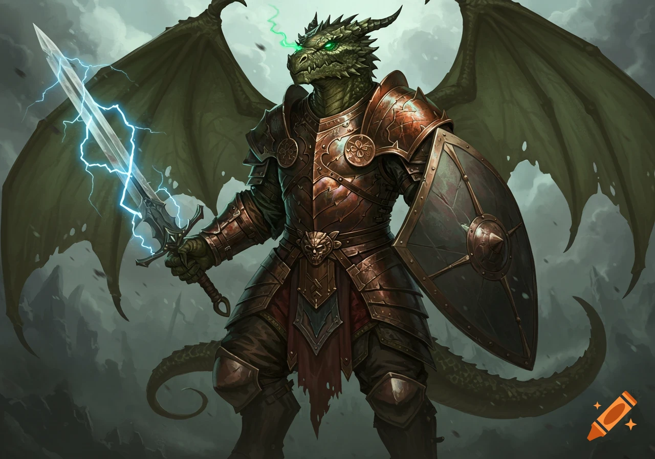 A formidable green dragonborn warrior in ornate bronze armor, holding a lightning-charged sword and shield, with large wings.