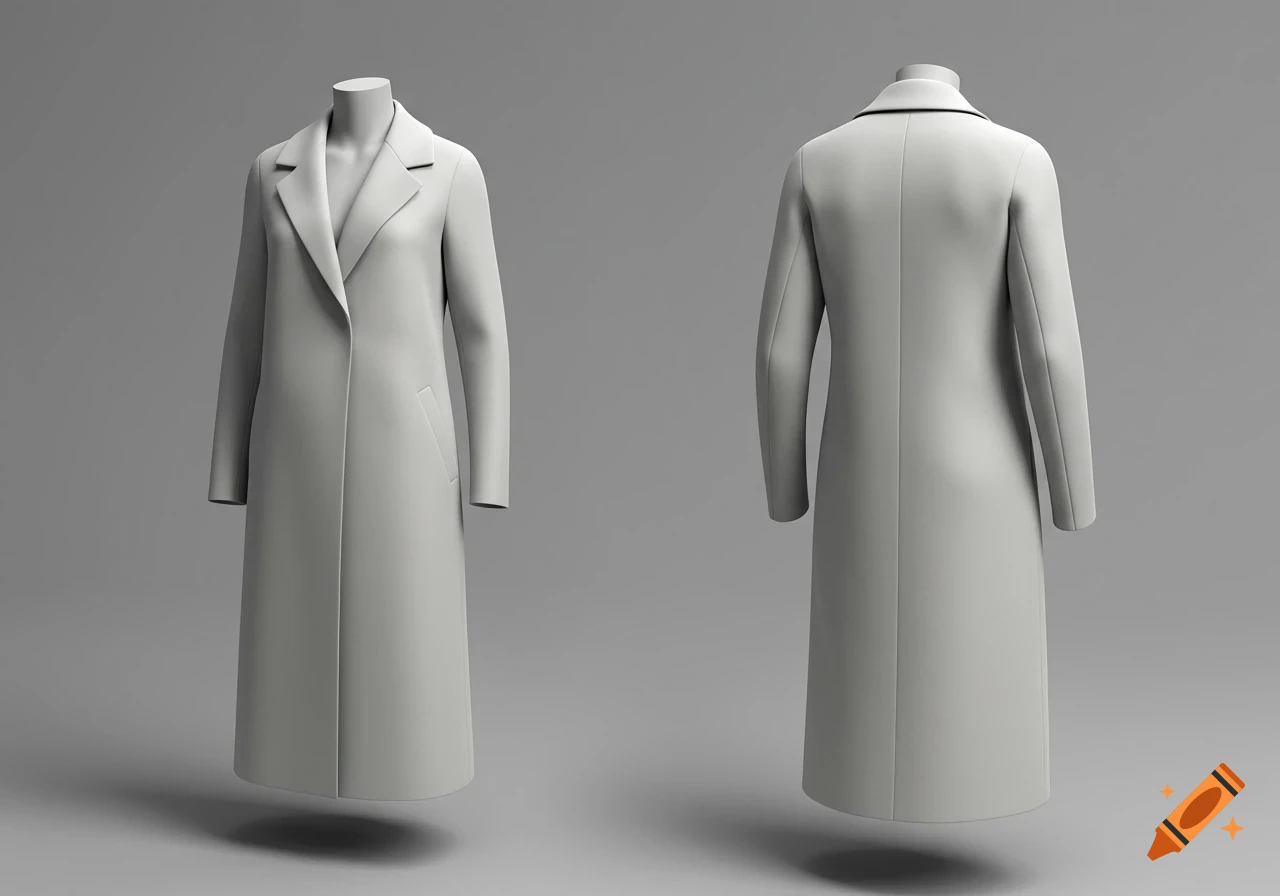 Front and back views of a minimalist grey women's coat on a mannequin, photorealistic 3D render.