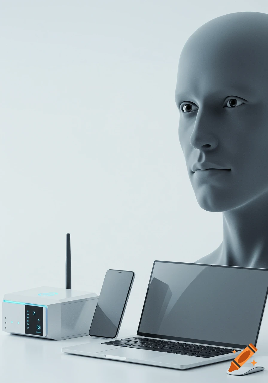 A stylized gray mannequin head next to a white modem, a black smartphone, a silver laptop, and a white computer mouse on a white background.
