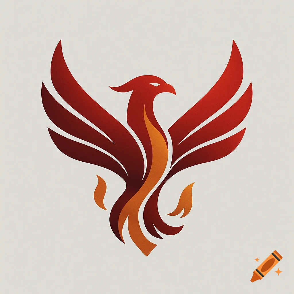 Stylized red and orange phoenix logo with spread wings and flame-like elements.