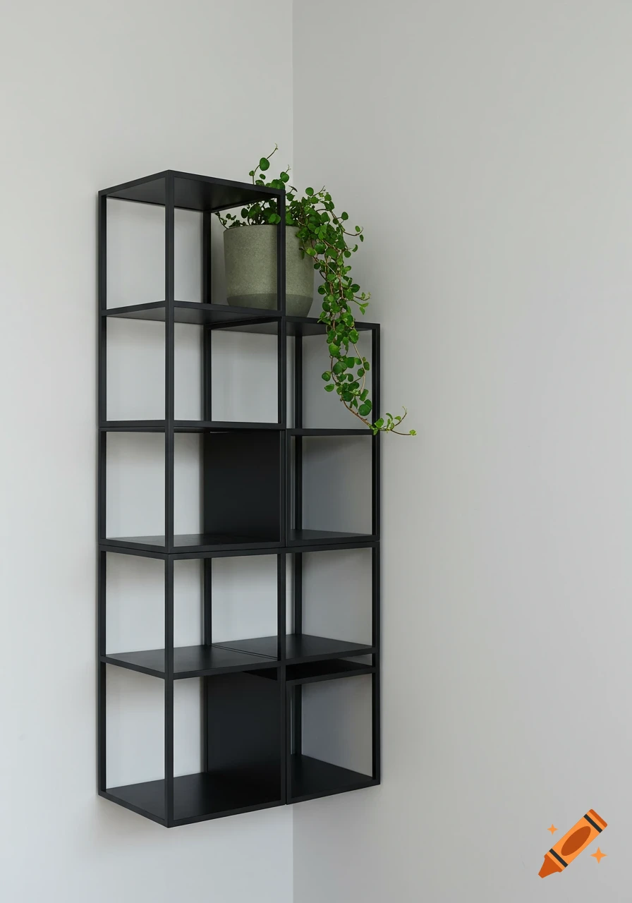 A black metal corner shelf with open cubbies holds a trailing green potted plant against light grey walls in a minimalist style.