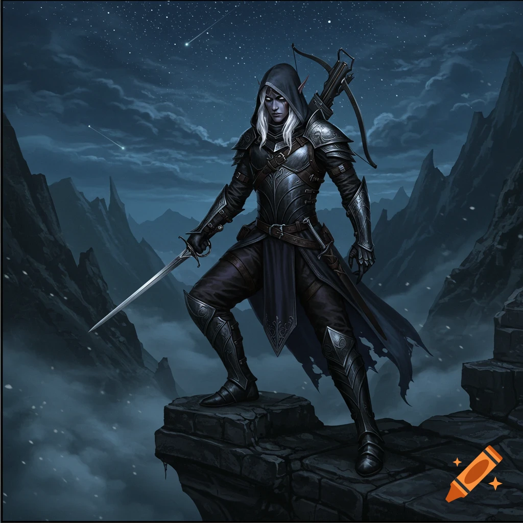 A male Drow rogue in dark armor, holding a rapier with a crossbow, stands on a cliff under a starry night sky with mountains.