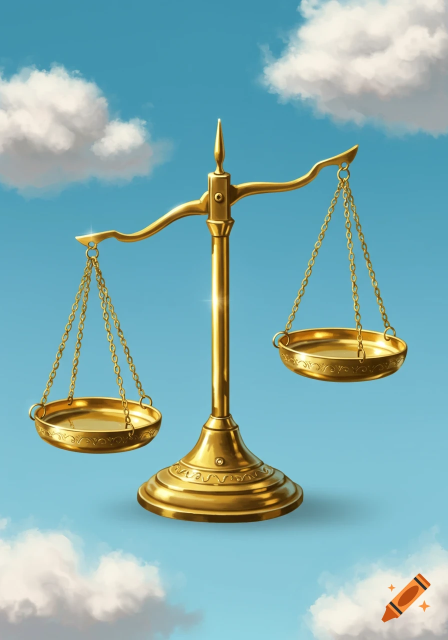Detailed illustration of shining gold weighing scales against a clear blue sky with white clouds.
