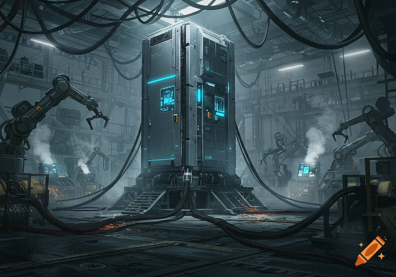 A futuristic, dark industrial factory with a large central server, robotic arms, glowing blue screens, and exposed wires.