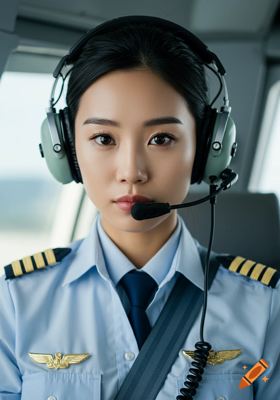 Portrait of an Asian woman pilot in uniform and aviation headset looking forward.