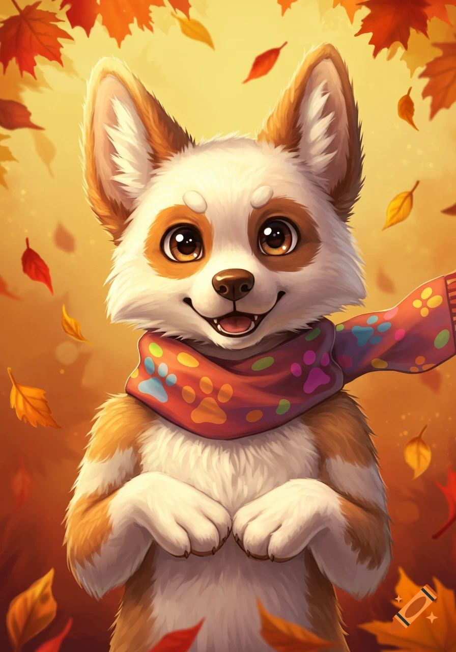 A cute, stylized illustration of a dog fursona wearing a colorful paw print scarf amidst falling autumn leaves.