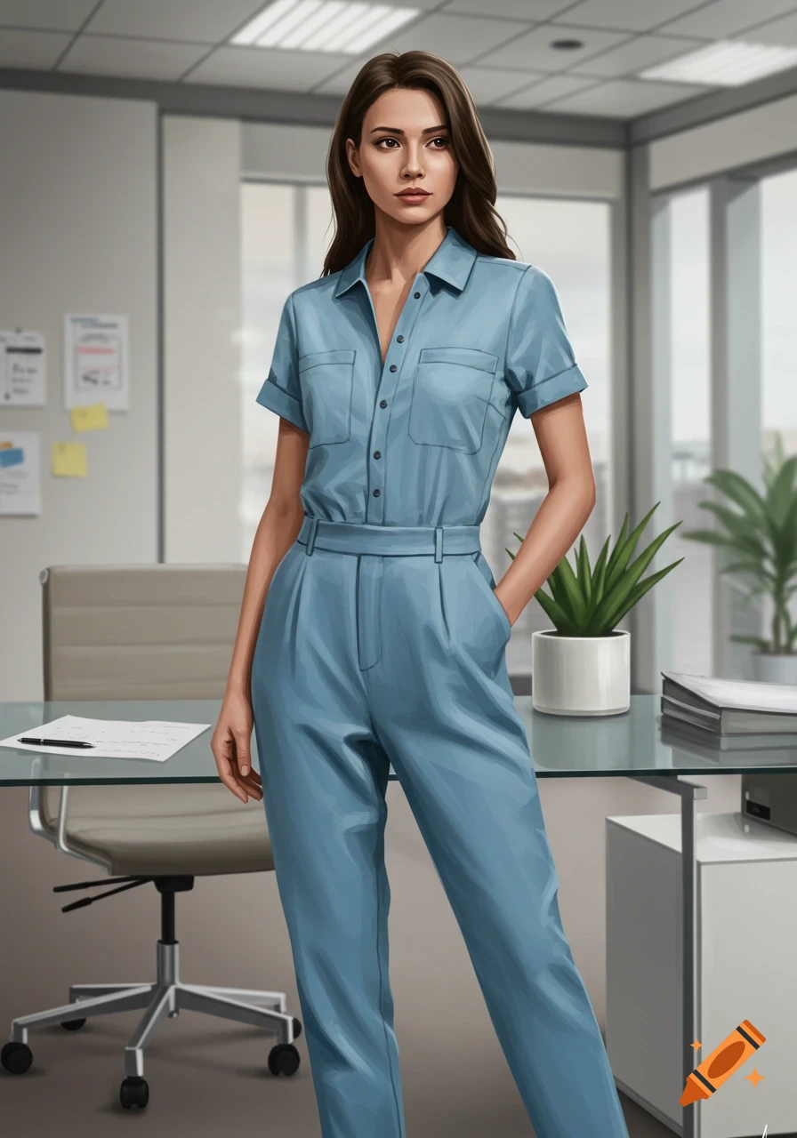A realistically illustrated manager in a light blue short-sleeved jumpsuit stands in an office with one hand in her pocket.