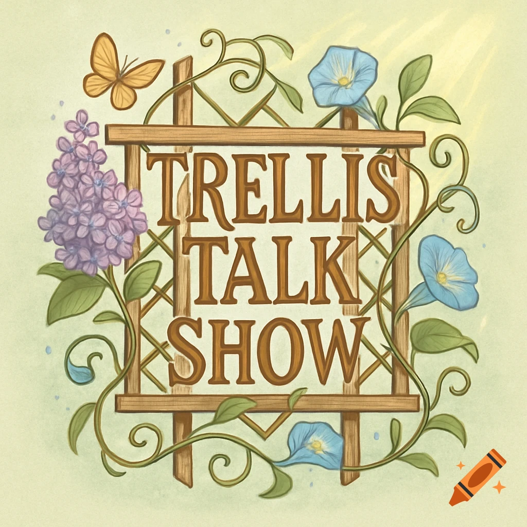 An illustrative logo for "Trellis Talk Show" with brown text on a wooden trellis, adorned with purple lilacs, blue morning glories, vines, and a butterfly, all on a light green background.