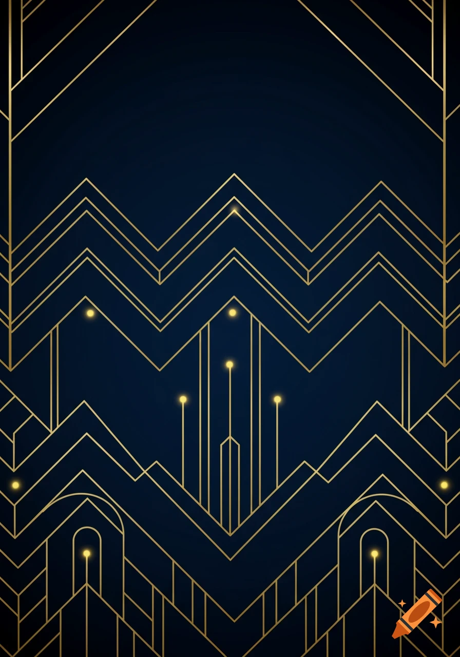 A dark blue background with shimmering gold Art Deco geometric patterns and glowing light points.